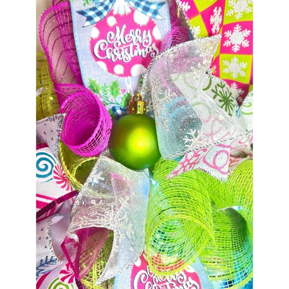 Handmade Bright Merry Christmas Holiday Ribbon Door Wreath 22 ins W52 Pink Blue - Picture 8 of 13